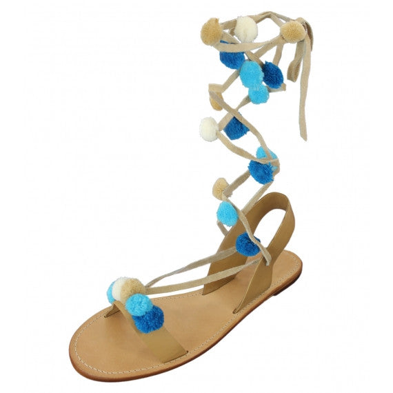 Blue Pom Pom Natural Leather Sandals