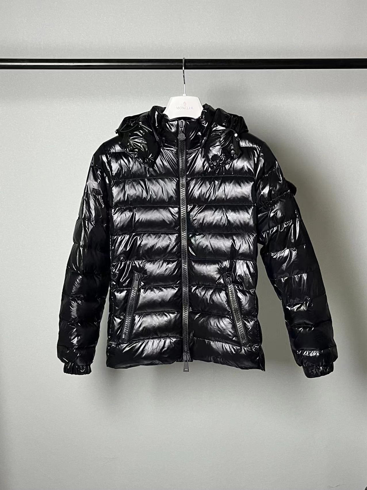 Womem Moncler coat Black Glossy Hooded Puffer Jacket — hero
