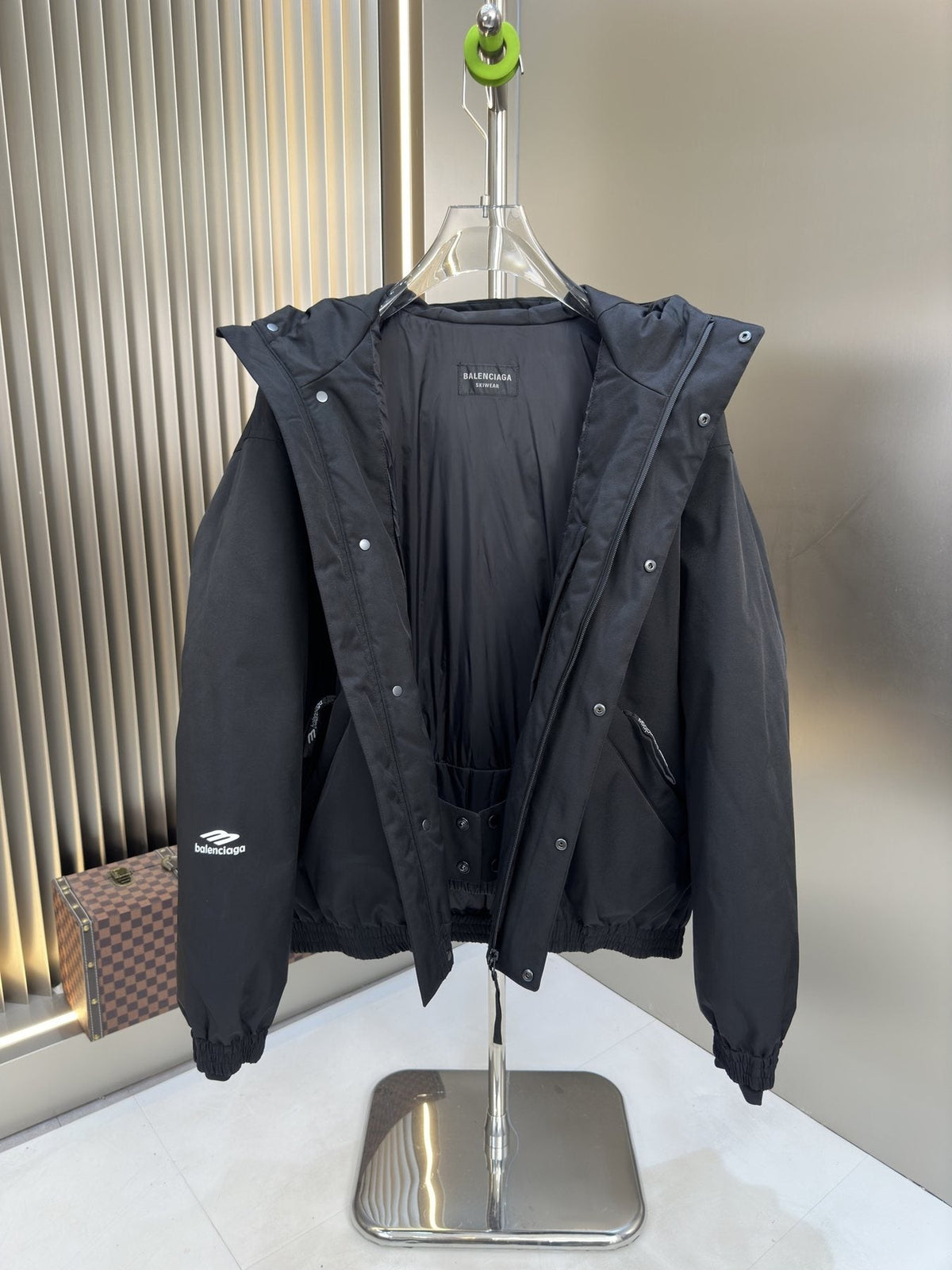 Balenciaga Black Hooded Insulated Zip-Front Coat — front