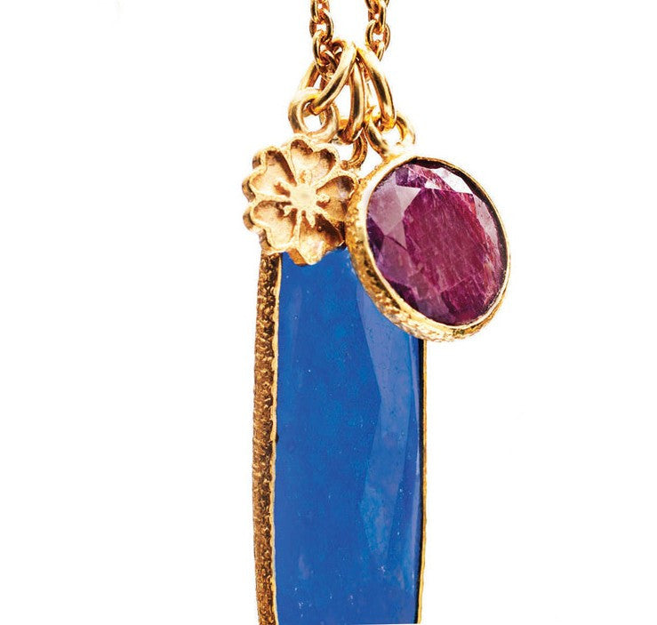 Blue Chalcedony & Ruby Pendant Necklace