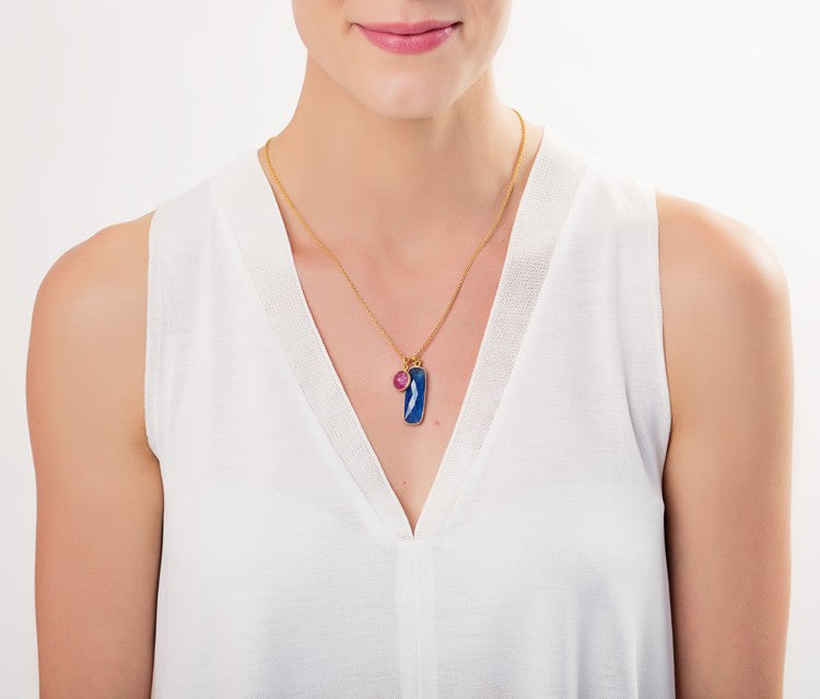Blue Chalcedony & Ruby Pendant Necklace